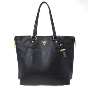Pre Owned Prada Black Vitello Daino Side Zip Shopping Tote