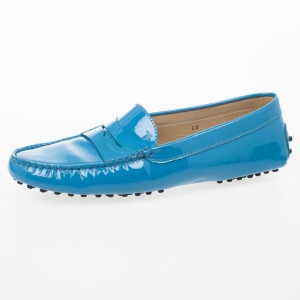 Pre Owned Tod's Blue Patent Gommino Leather Loafers Size 40 