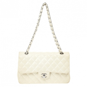 Pre Owned Chanel White Faded Lambskin Medium Flap Bag