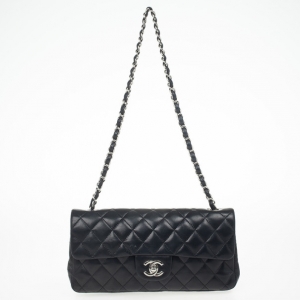 Pre Owned Chanel Black Quilted Lambskin East West Flap Bag
