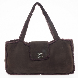 Pre Owned Chanel Brown Suede Shearling Flap Tote