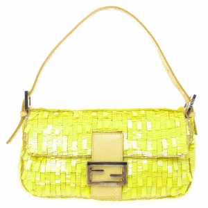 Pre Owned Fendi Yellow Sequin and Snakeskin Baguette Bag