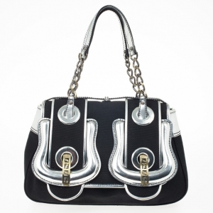 Pre Owned Fendi Black Canvas and Silver Patent Leather B Bag