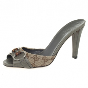 Pre Owned Gucci Grey Guccissima Kitty Bamboo Horsebit Slides Size 37.5