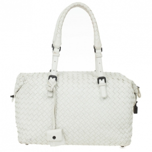 Pre Owned Bottega Veneta White Intrecciato Montaigne Boston Bag 