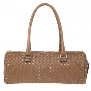Pre Owned Bottega Veneta Brown Woven Mirror Embellished Satchel