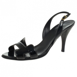 Pre Owned Hermes Black Patent Night Slingback Sandals Size 39