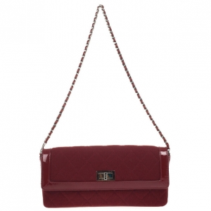 Pre Owned Chanel Dark Bordeaux Quilted Wool and Patent Leather East/West Mademoiselle Flap Bag