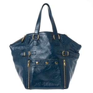 Pre Owned Saint Laurent Paris Blue Patent Leather Small Downtown Tote Bag