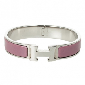 Pre Owned Hermes Clic-Clac H Pink Enamel Palladium Plated Bracelet PM