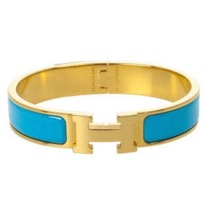 Pre Owned Hermes Clic-Clac H Indian Blue Enameld Gold Plated Bracelet PM