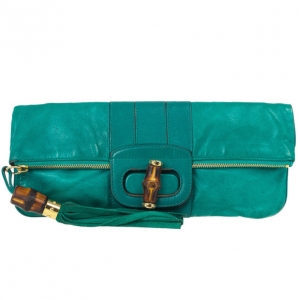 Pre Owned Gucci Emerald Lucy Fold-over Bamboo Detail Tassel Clutch 