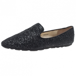 Pre Owned Jimmy Choo Black Coarse Glitter Wheel Smoking Slippers Size 38