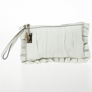 Pre Owned Dolce and Gabbana White Pleated Leather Ruffle Zip Clutch 