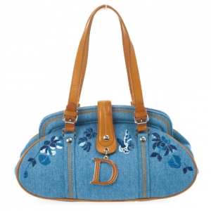 Pre Owned Dior Blue Denim Floral Frame Satchel Flap bag