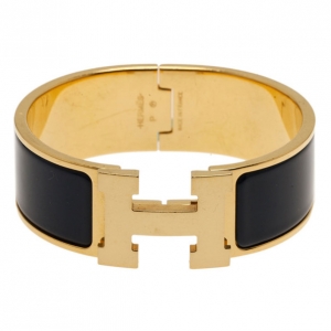 Pre Owned Hermes Clic Clac H Wide Gold-Plated Blue Enamel Bracelet PM