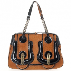 Pre Owned Fendi Brown Leather Patent Trim B Bag