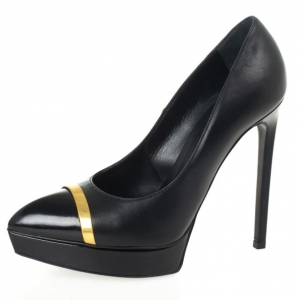 Pre Owned Saint Laurent Black Janis Trimmed Cap Toe Pumps Size 37