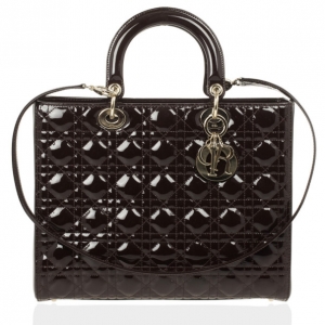 Pre Owned Christian Dior Brown Patent Large Lady Dior Bag