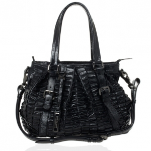Pre Owned Burberry Black Patent Leather Cartridge Pleat Tote
