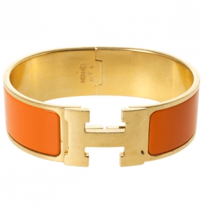 Pre Owned Hermes Clic H Orange Enamel Gold Plated Bracelet 19 CM
