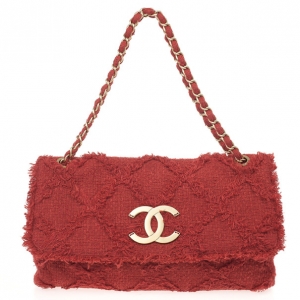 Pre Owned Chanel Orange Tweed Flap Shoulder Bag