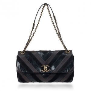 Pre Owned Chanel Black Chevron Suede and Leather Flap Bag