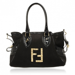 Pre Owned Fendi Black Canvas Studded Small Bag Du Jour Tote