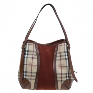 Pre Owned Burberry Plum Canvas Haymarket Check Suede Panel Small Shoulder Bag