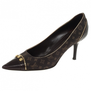 Pre Owned Louis Vuitton Brown Monogram Mini Lin Raquel Pumps Size 39
