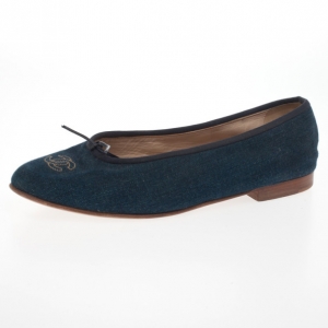 Pre Owned Chanel Blue Denim 'CC' Bow Denim Ballet Flats Size 39.5