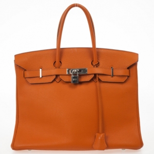 Pre Owned Hermes Orange Togo Leather 35cm Birkin Bag with Palladium Hardware