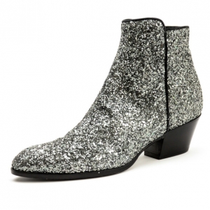 Pre Owned Giuseppe Zanotti Silver Glitter Mid Heel Ankle Boots Size 37