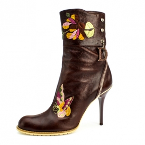 Pre Owned Christian Dior Brown Leather Embroidered Ankle Boots Size 40