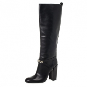Pre Owned Yves Saint Laurent Black Leather 'New Chyc 105' Chain Link Knee Length Boots Size 39.5