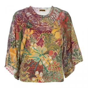 Pre Owned Kenzo Jungle Multicolor Floral Print Smocking Detail Beaded Top  M
