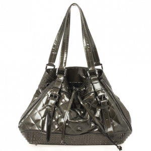 Pre Owned Burberry Olive Green Patent Drawstring Bag