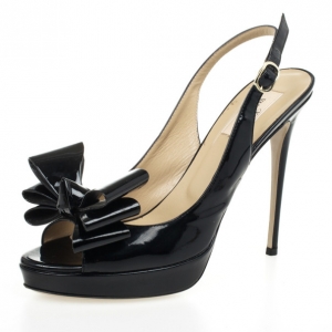 Pre Owned Valentino Black Patent 'Stylish' Bow Trim Slingback Platform Sandals Size 40