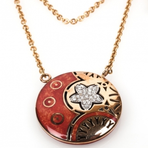 Pre Owned La Nouvelle Bague 18 K Yellow Gold & Silver Orange Enamel Diamond Necklace