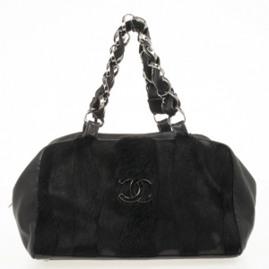 Pre Owned Chanel Black Pony Hair Fur and Lambskin Bowler Bag