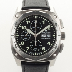 Pre Owned Junghans Pilot Chronograph SS Leather Mens Wristwatch 43 MM