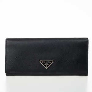 Pre Owned Prada Black Leather Saffiano Long Flap Wallet