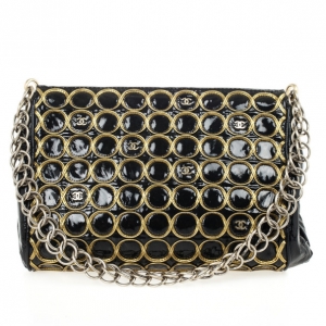 Pre Owned Chanel Black Patent and Gold Chain Handbag