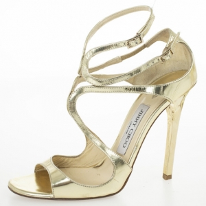 Pre Owned Jimmy Choo Gold Mirror Leather Lance Strappy Sandals Size 37