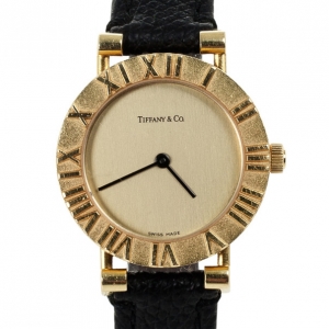 Pre Owned Tiffany & Co. Atlas 18K Yellow Gold Leather Unisex Wristwatch 31.5 MM