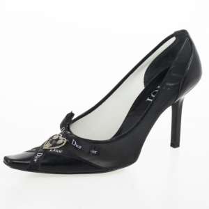 Pre Owned Christian Dior Black Leather Heart Logo Pointed Toe Pumps Size 36.5