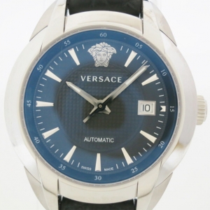 Pre Owned Versace Character SS Leather Mens Wristwatch 42 MM