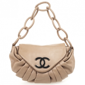 Pre Owned Chanel Tan Lambskin Pleated Flap Bag Taupe