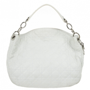 Pre Owned Christian Dior White Quilted Leather Cannage Medium Lady Dior Hobo Bag