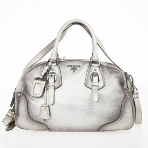 Pre Owned Prada Metallic Silver Cervo Antik Leather Bauletto Bag